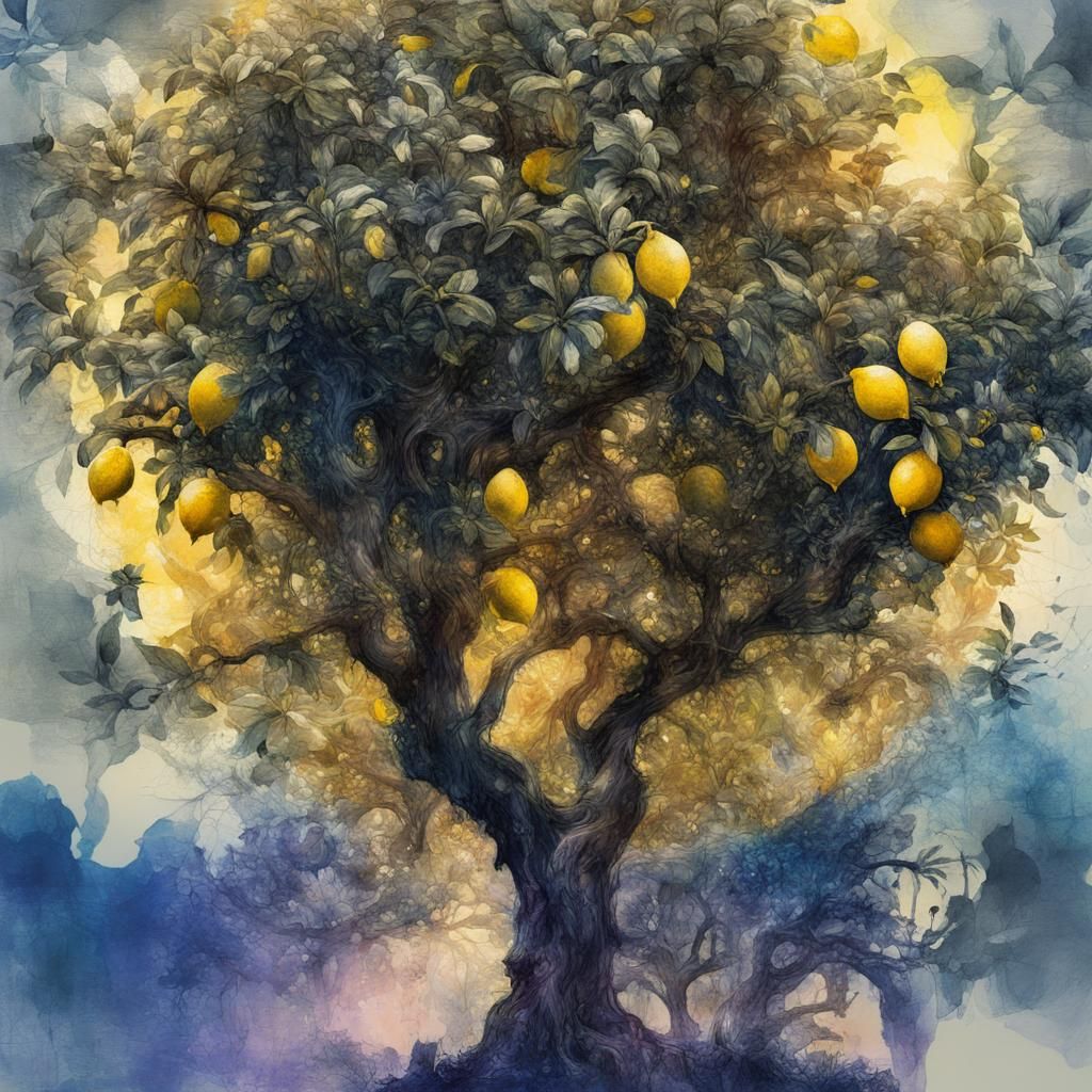 Lemon Tree Double Exposure in Watercolor Style