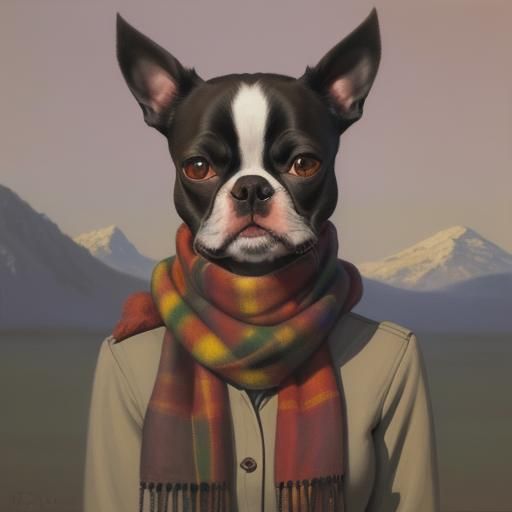 Boston Terrier in Scarf: Oil Painting Style