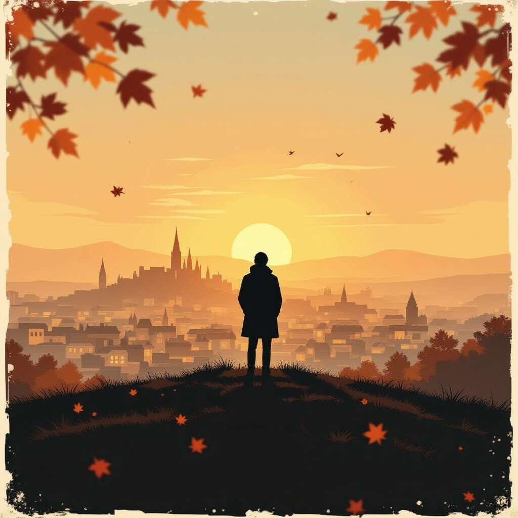 Solitary Figure on Hill Overlooking Autumn Cityscape