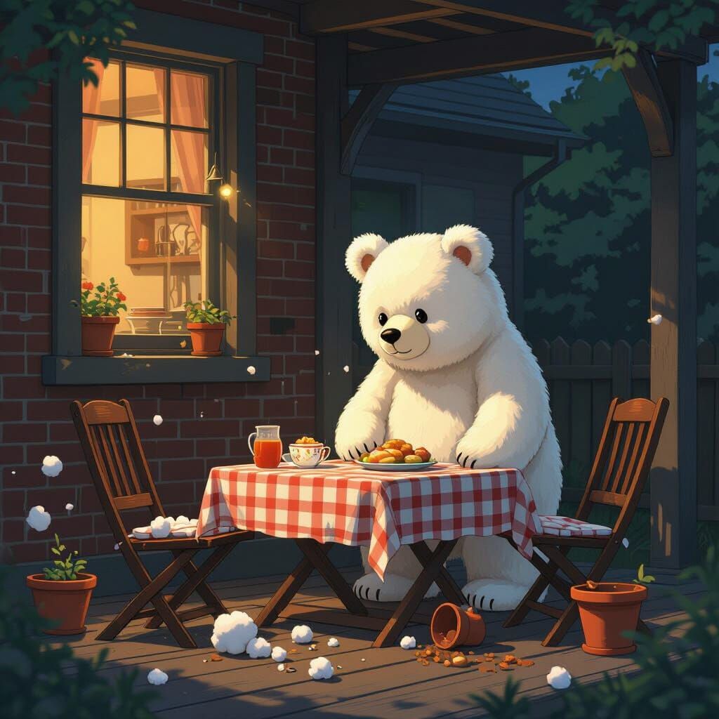 Cotton Wool Bear on Verandah, Seeking Picnic Food
