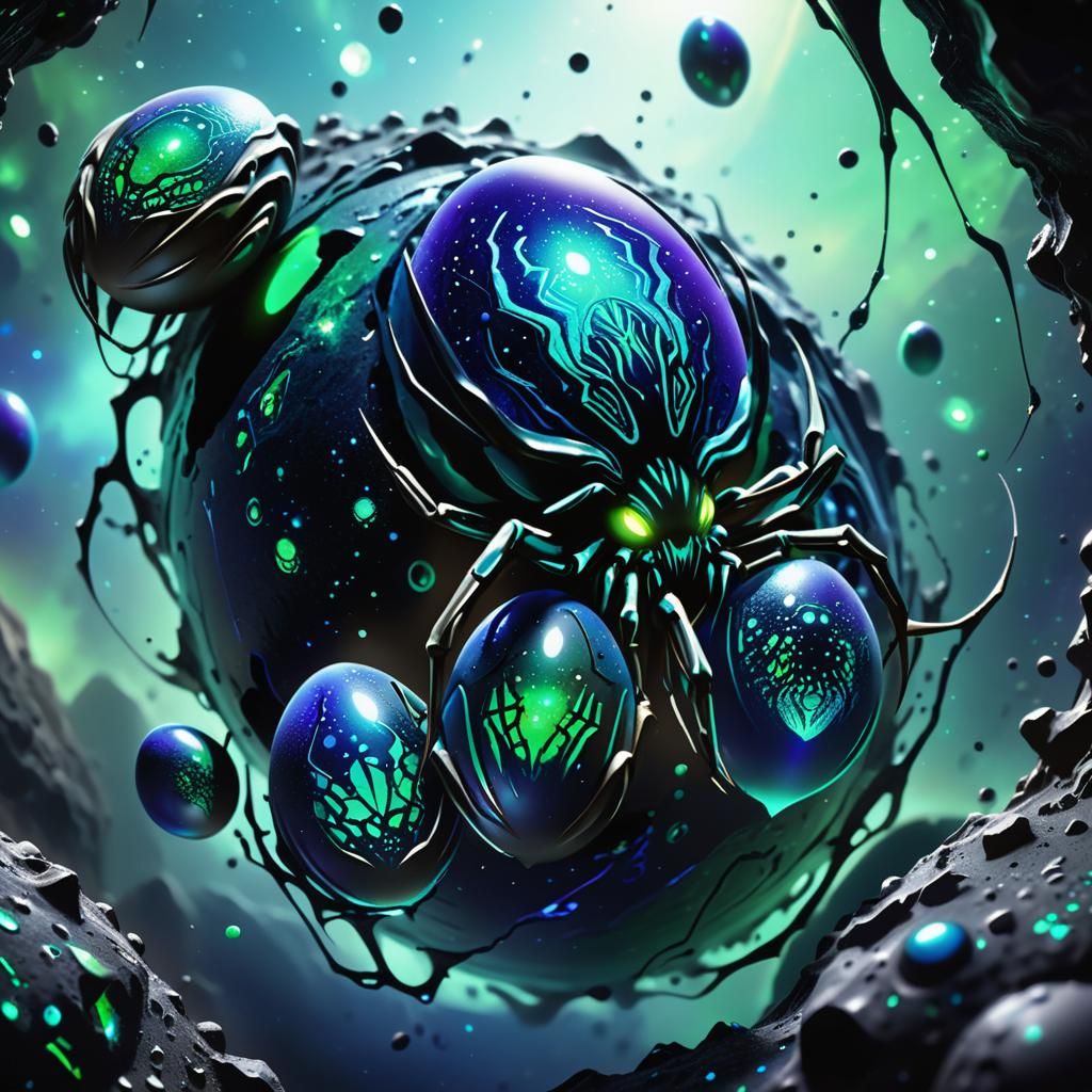 Venomous Alien Spider Eggs on Iridescent Asteroid