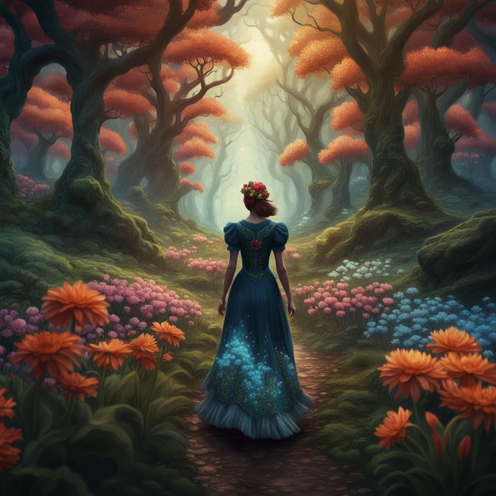 Woman with Flowers in Forest: Fantasy Concept Art