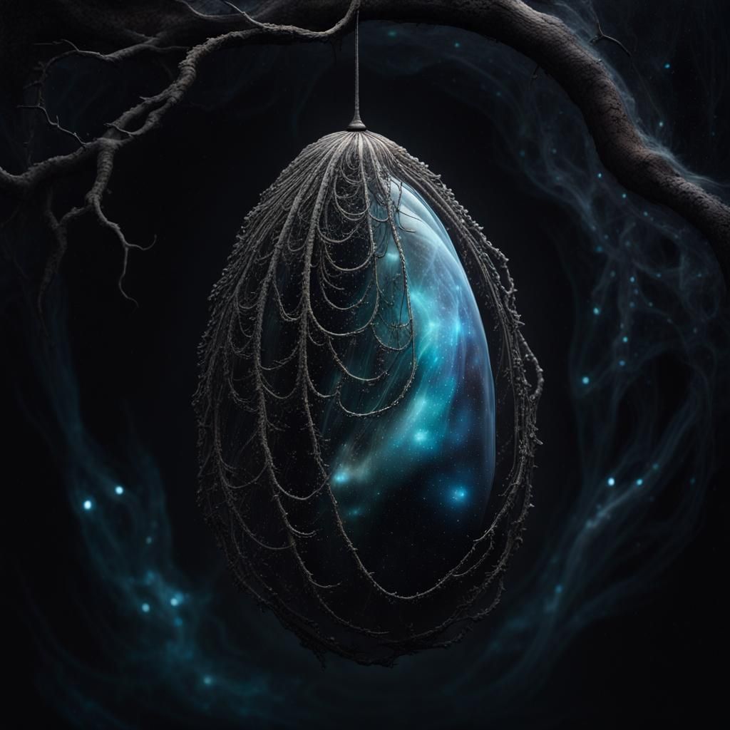 Ethereal Cocoon in Cosmic Darkness: Hyperrealistic Rendering