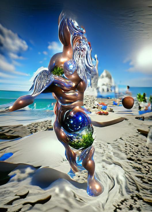 Hyperrealistic Cosmic God on a Fantasy Beach