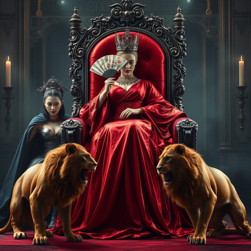 Regal Queen in Crimson, Throne Room Majesty