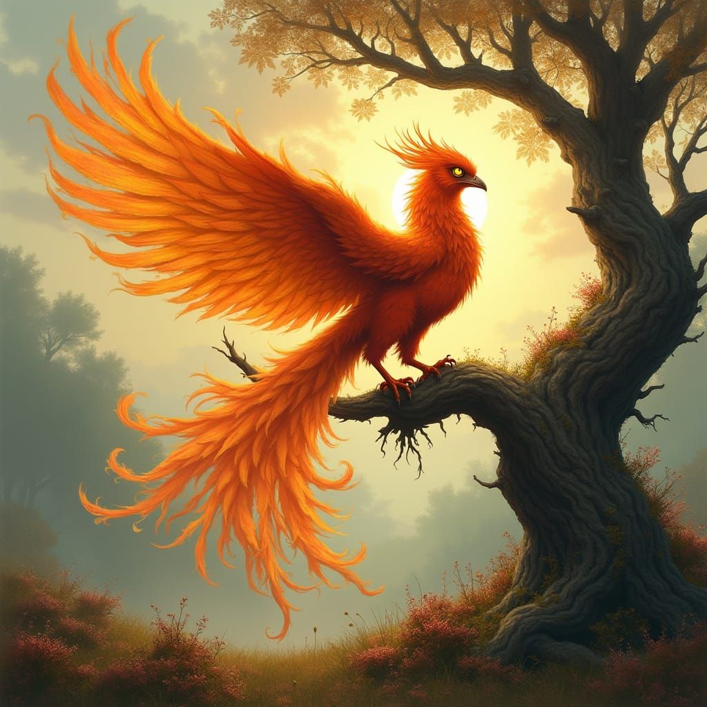 Majestic Flaming Phoenix on Heather-Covered Moorland