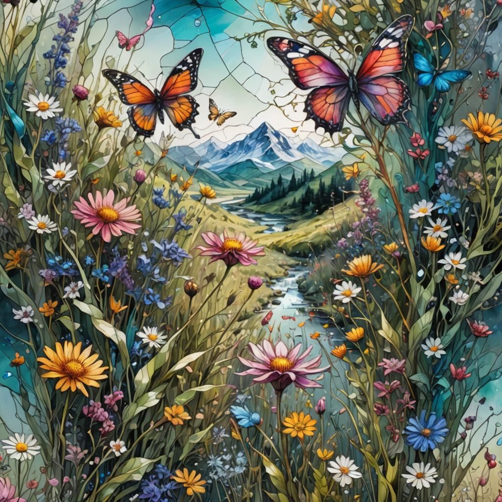 Stained Glass Flower Meadow Digital Watercolor Illustration