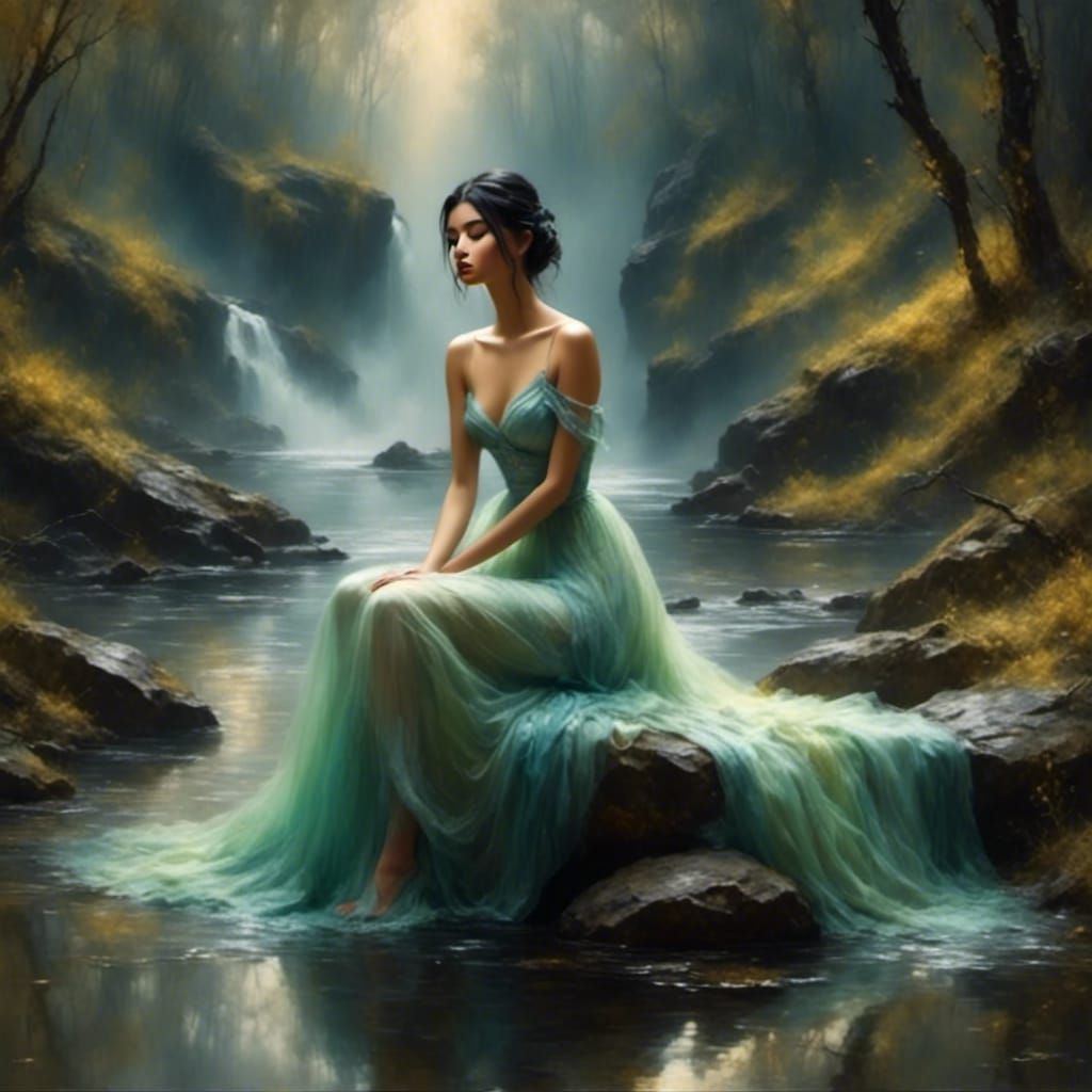 Fairy by Waterfall Stream in Misty Twilight