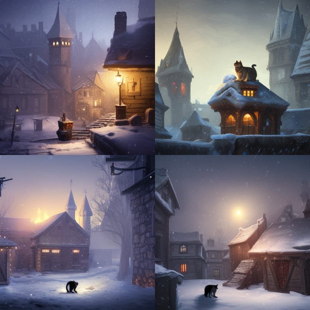 Cat on Snowy Medieval Rooftop Christmas Scene