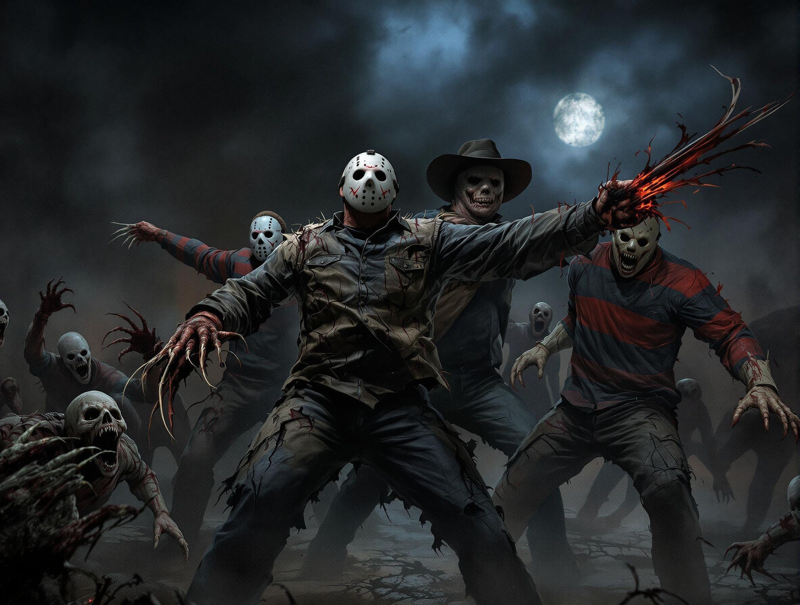 Horror Icons vs Zombies on a Dark Night