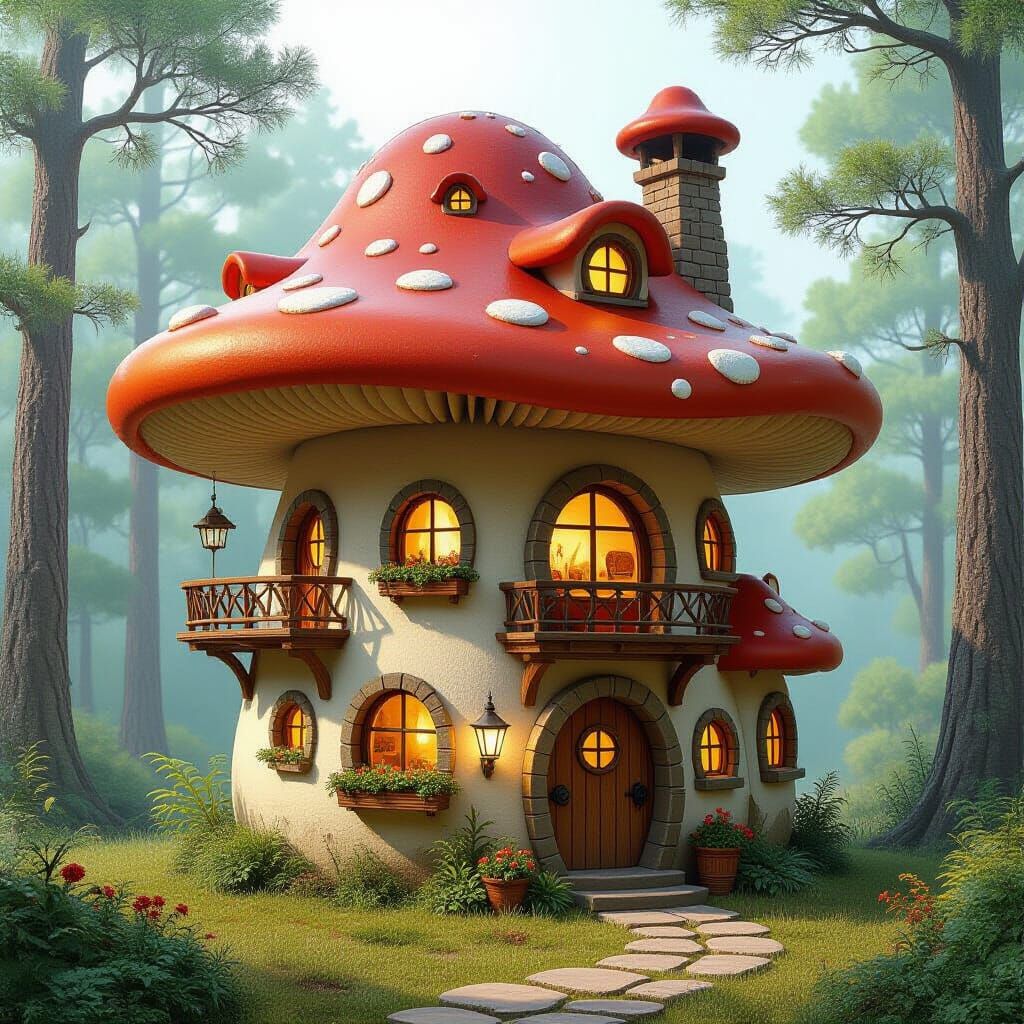 Whimsical Mushroom House Half-Section View