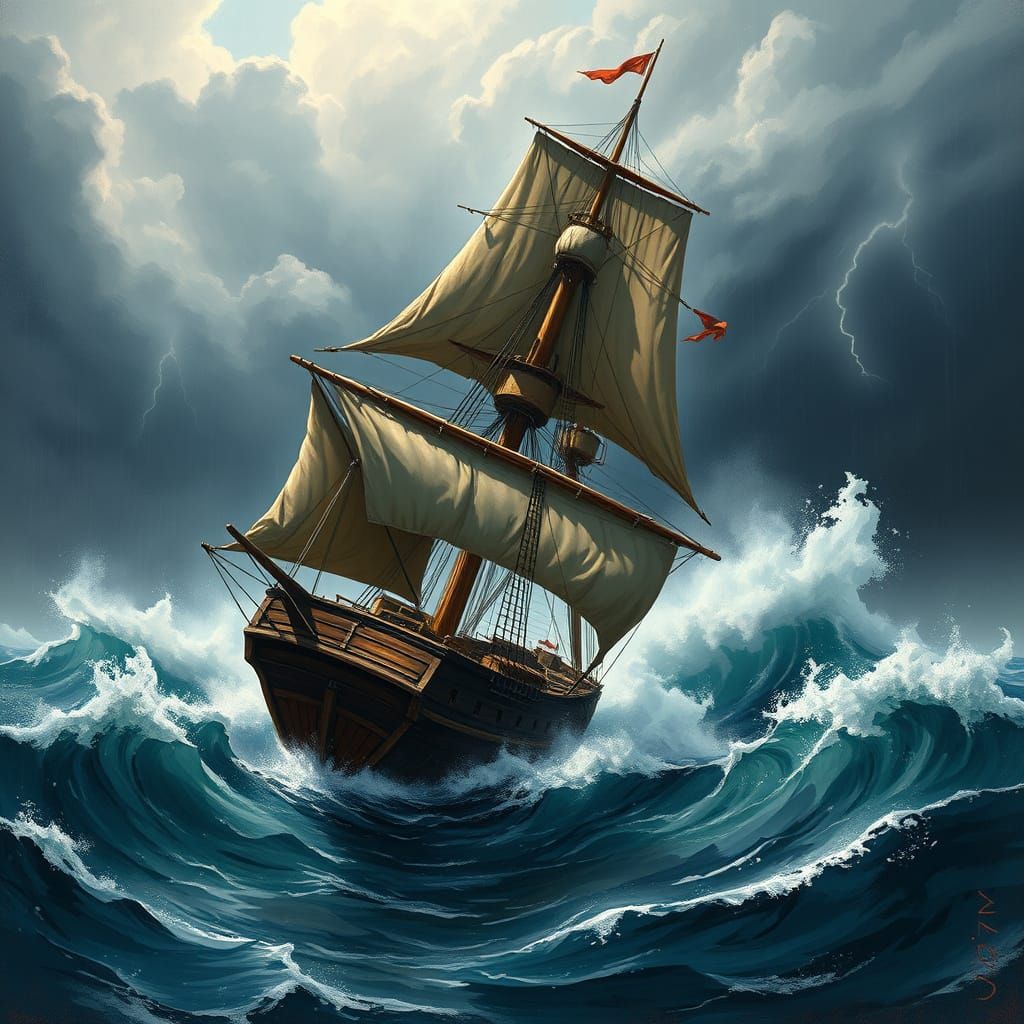 19th-Century Sailing Ship in Turbulent Stormy Seas