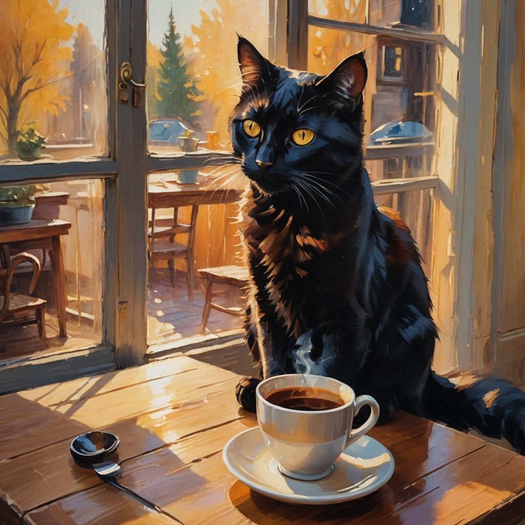 Cozy Coffee Companion: Black Cat in Fauvist Oil Painting