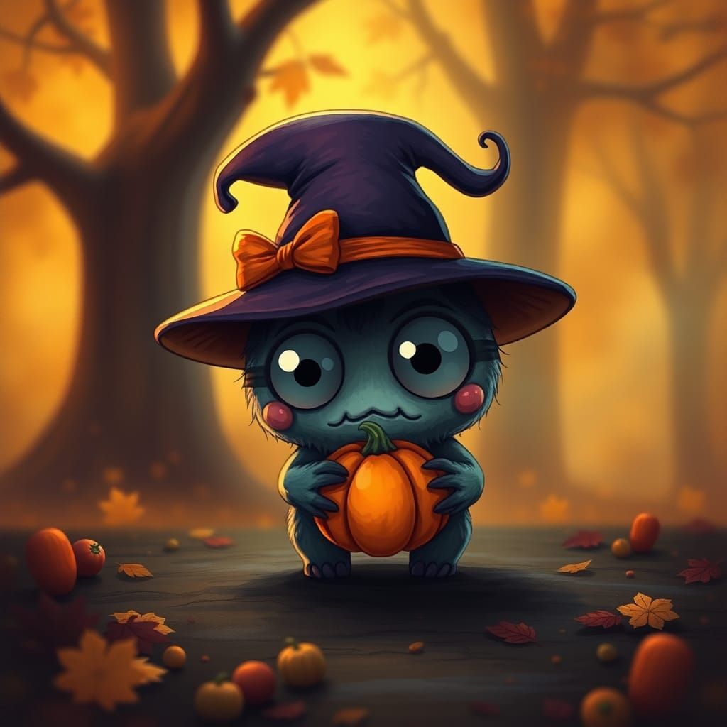 Adorable Chibi Monster in Spooky October Landscape