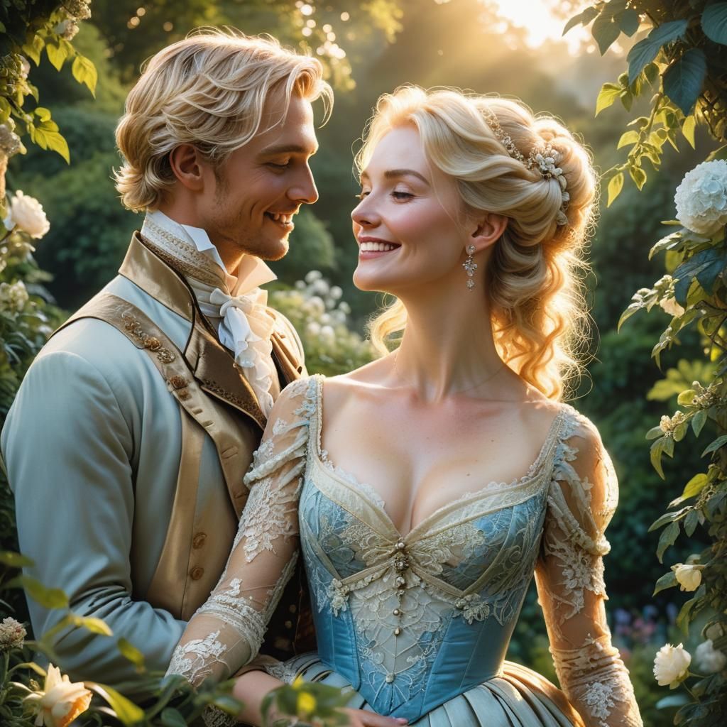 Romantic Realism Image of Lovers in English Garden