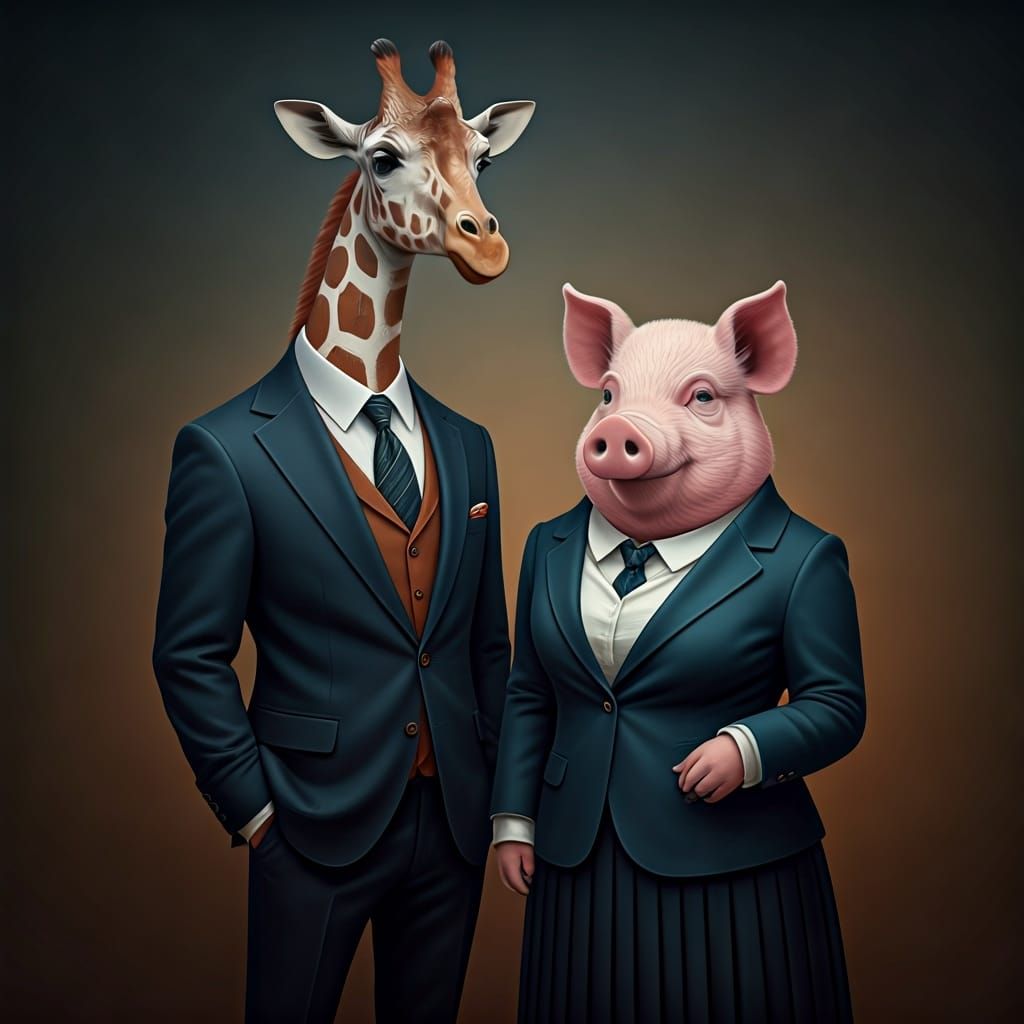Giraffe and Pig in Human Clothing