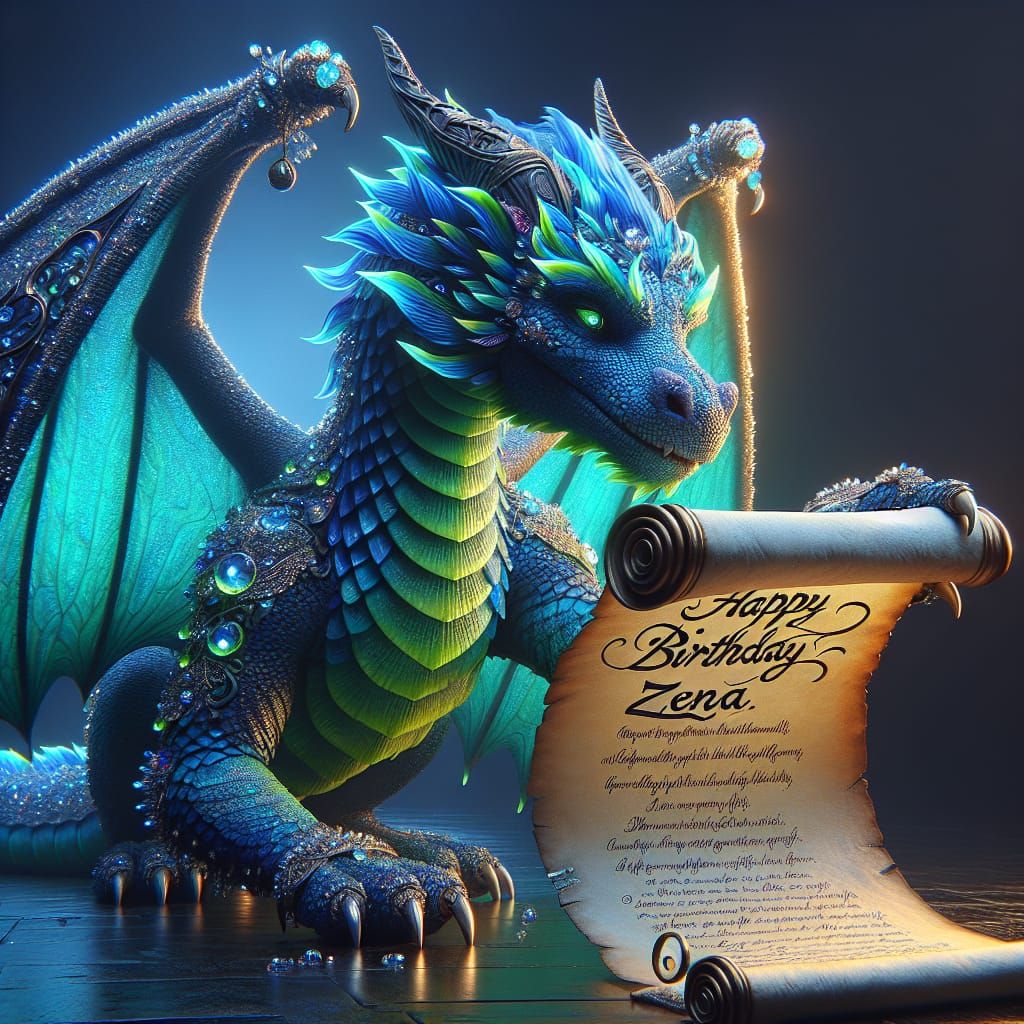 Blue and Green Dragon Reads Birthday Scroll