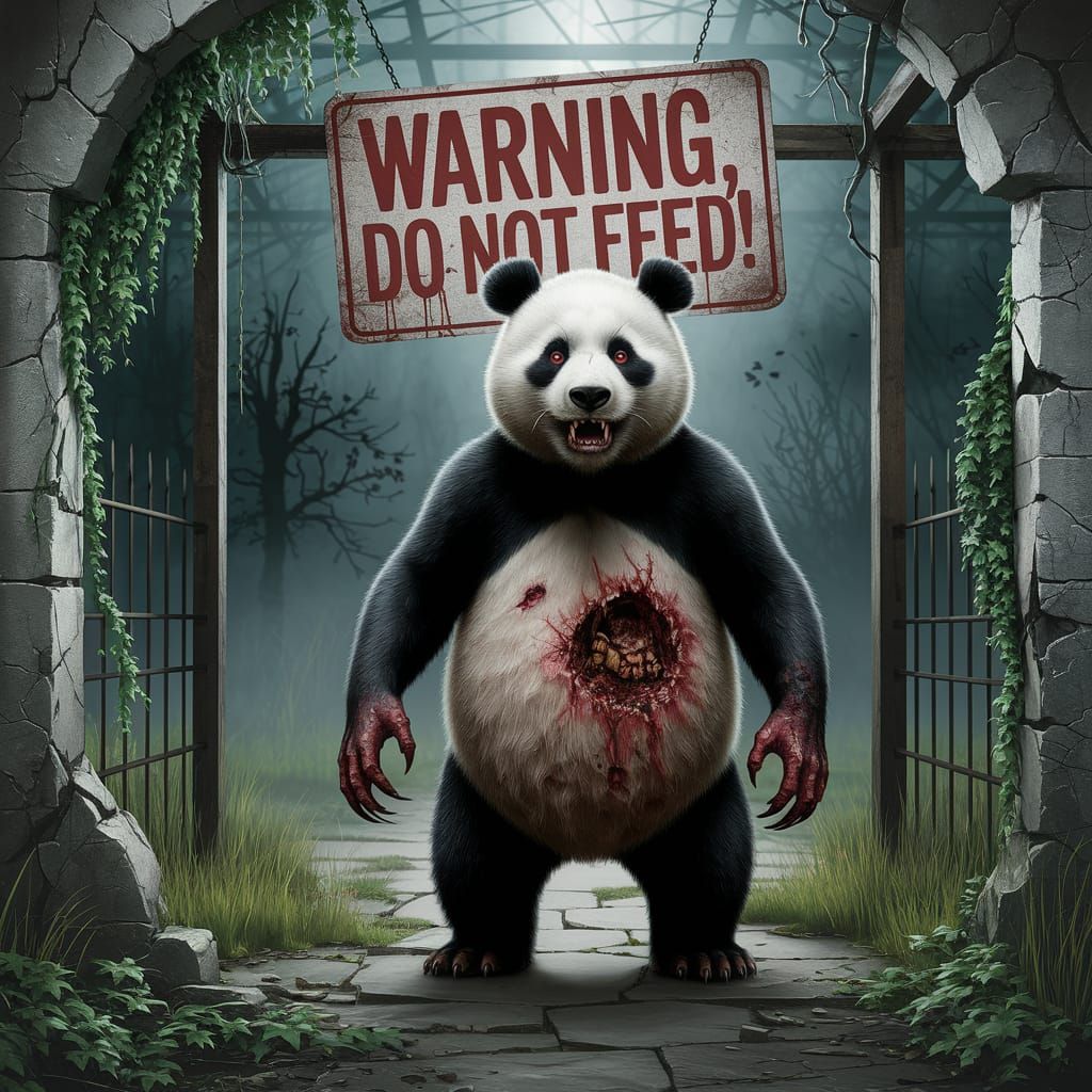 Gritty Post-Apocalyptic Zombie Panda in Abandoned Zoo