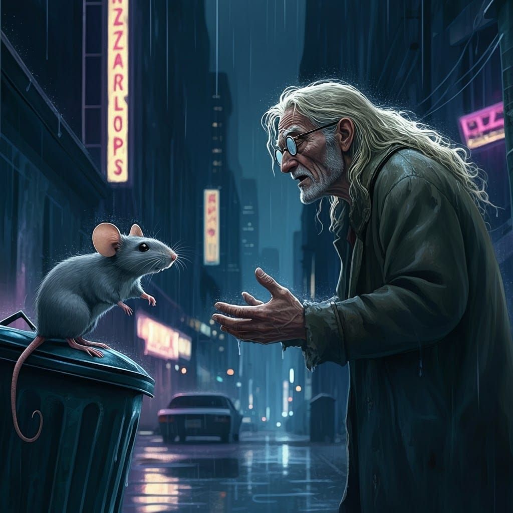 Old Man and Mouse Chat in Rainy City, Comic Art