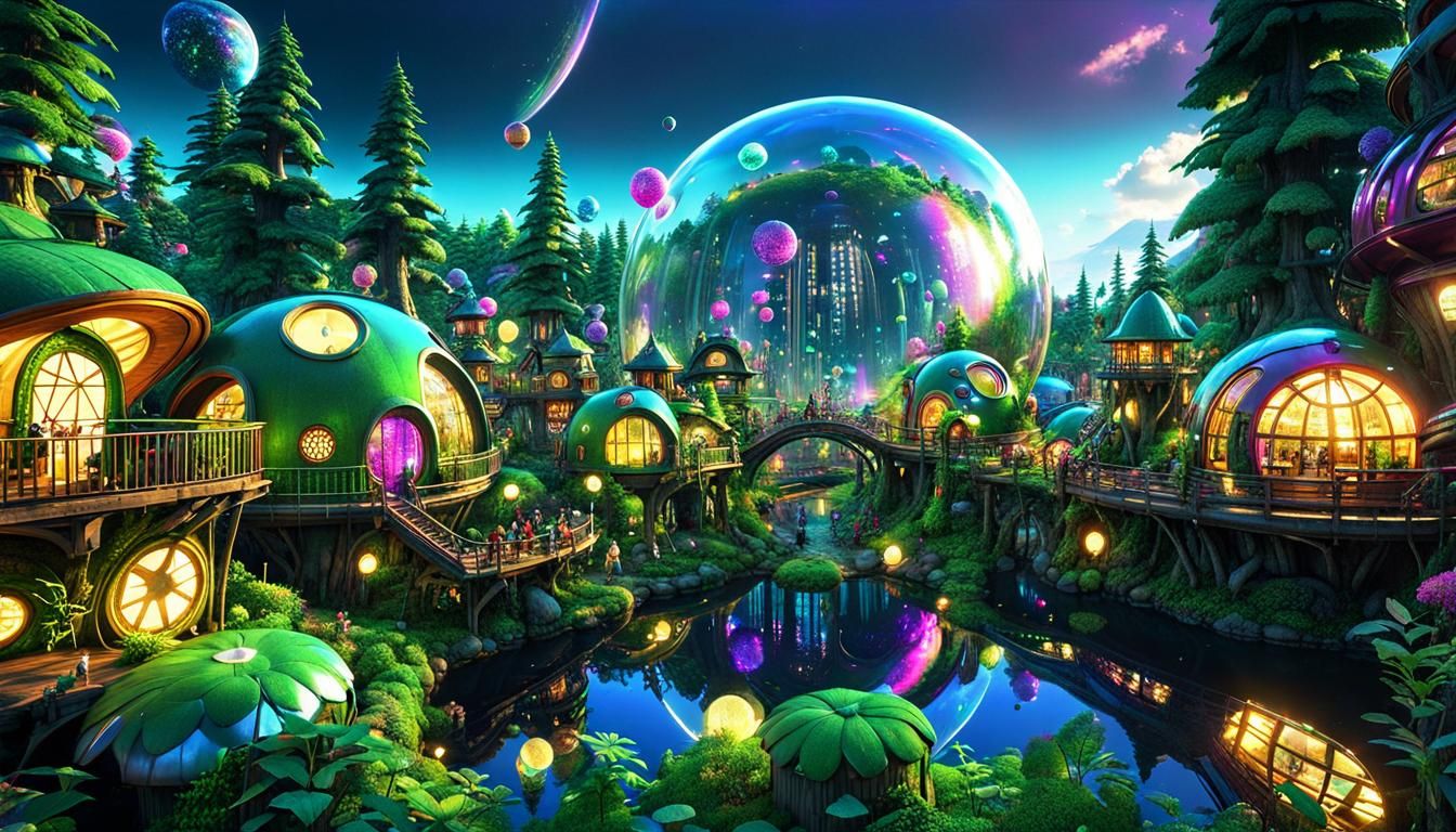 Shimmering Bubblepunk Fairy Metropolis in Forest, UHD