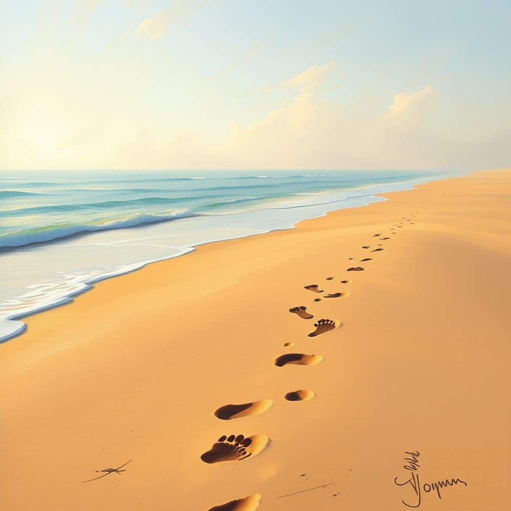 Footprints Disappearing on a Golden Impressionist Beach