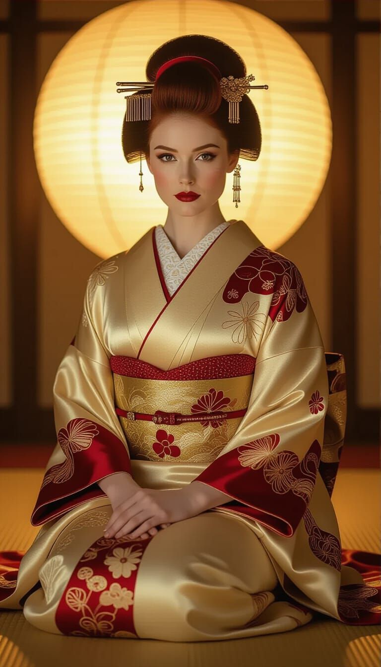 Elegant Woman in Kimono with Burgundy Hair