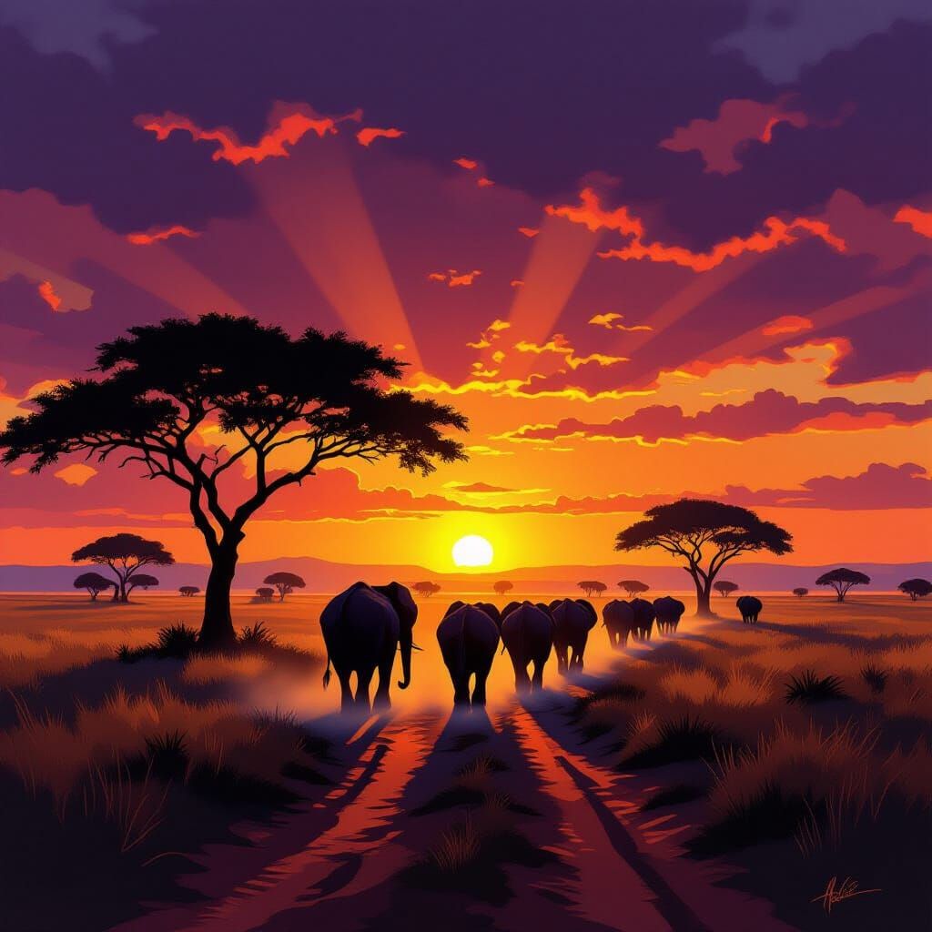 African Savanna Sunset with Elephants in Romantic Style