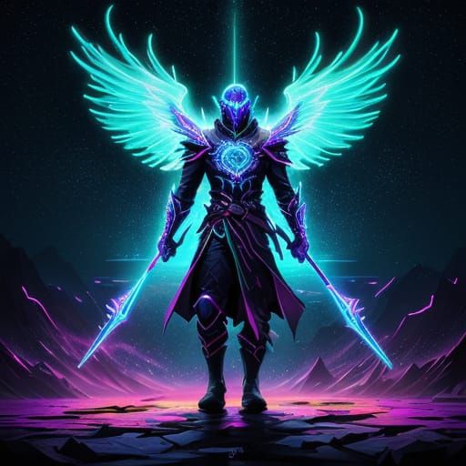 Ethereal Warrior Ascends on Neon Streets, Surrounded by Swir...