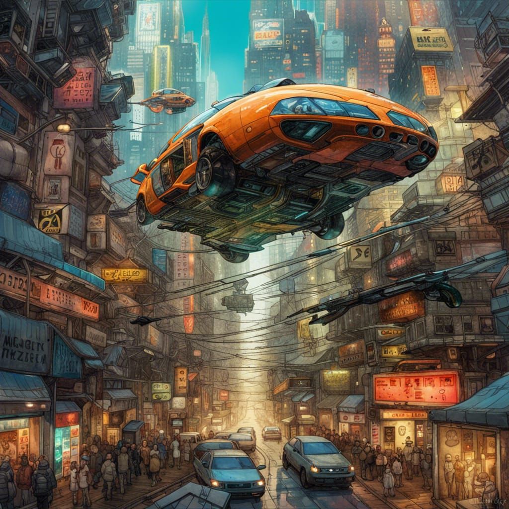 Futuristic Flying Car Over Metropolis, Digital Art