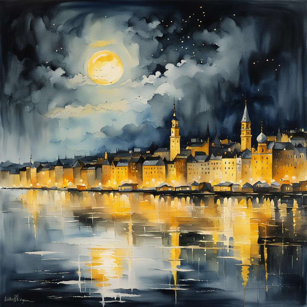 Nighttime Royal City Reflected, Watercolor Painting