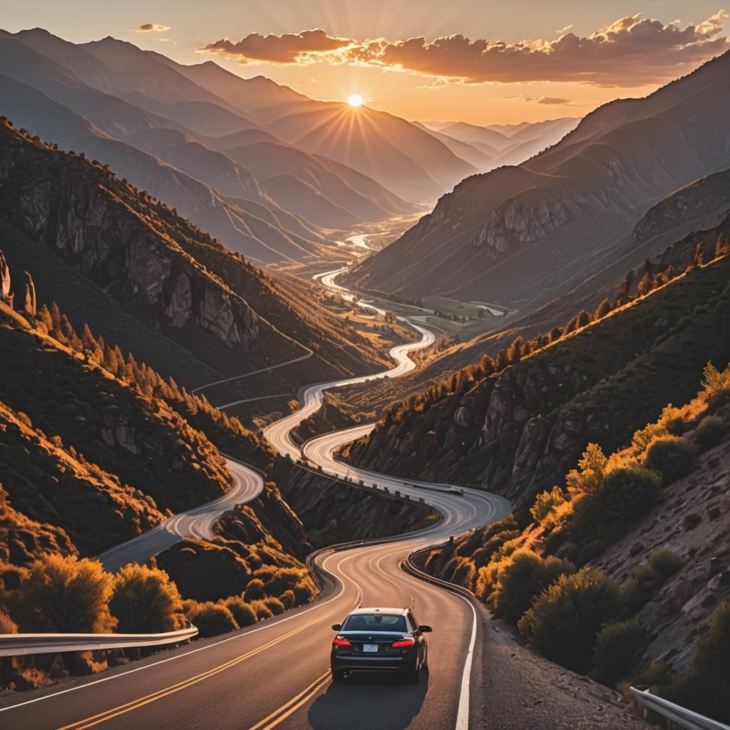 Mountain Road Trip at Sunset with Dynamic Lighting