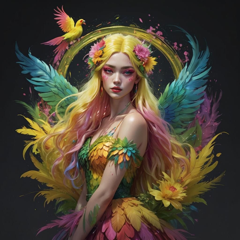 Colorful Woman Portrait with Feathers in Pixar Style