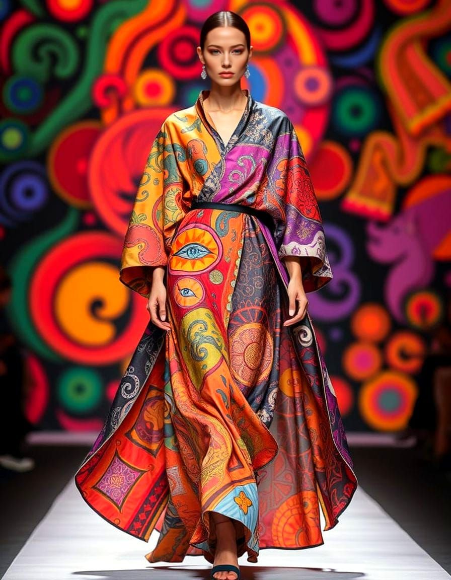 Extravagant Model Catwalk in Electric Neon Batik Style