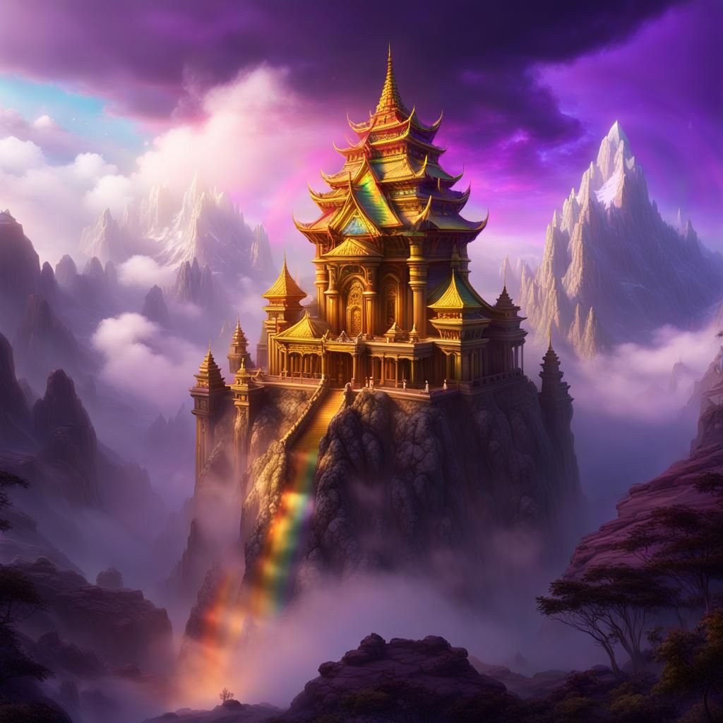 Rainbow Temple on Misty Mountain, Fantasy Art