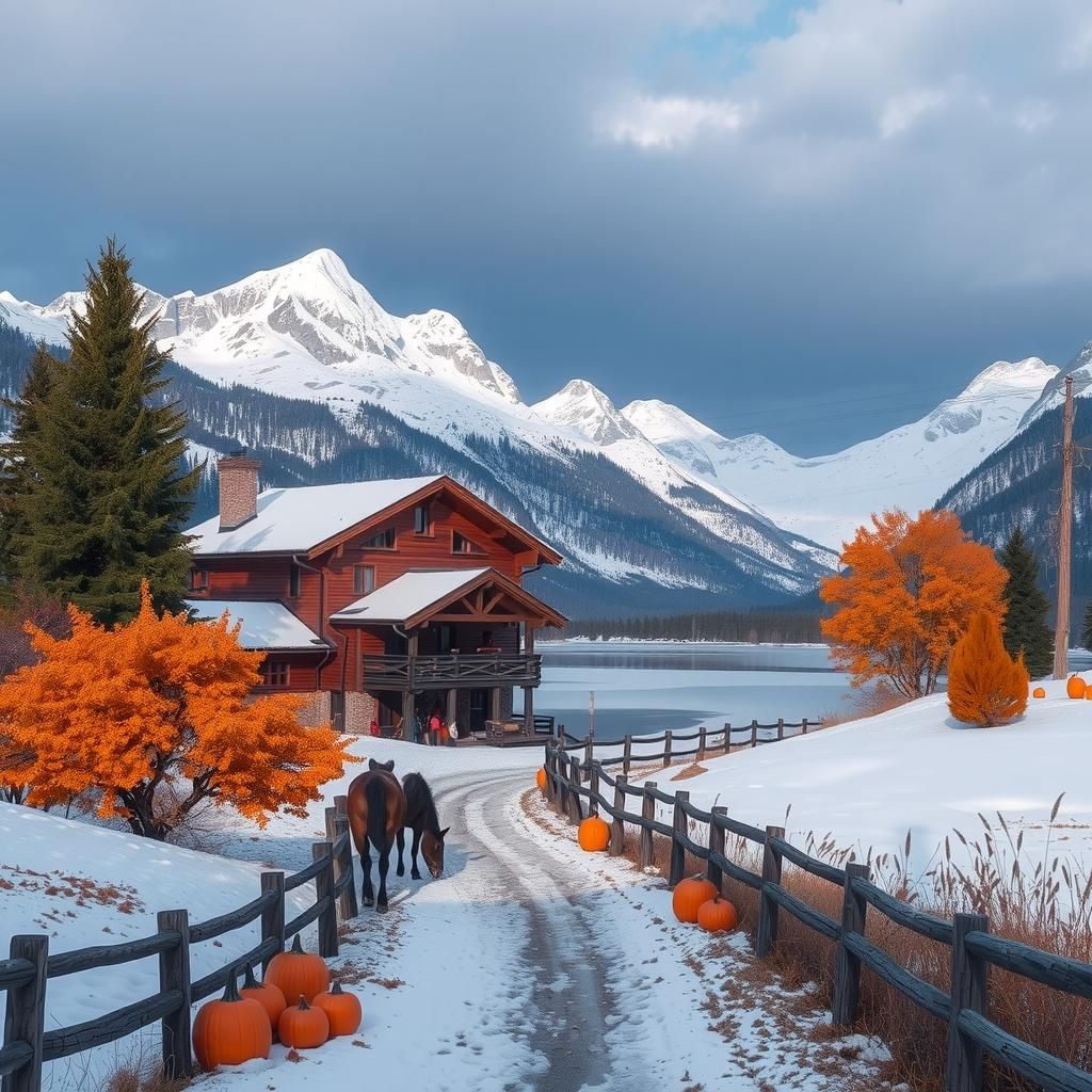 Chalet on Snowy Mountain with Frozen Lake