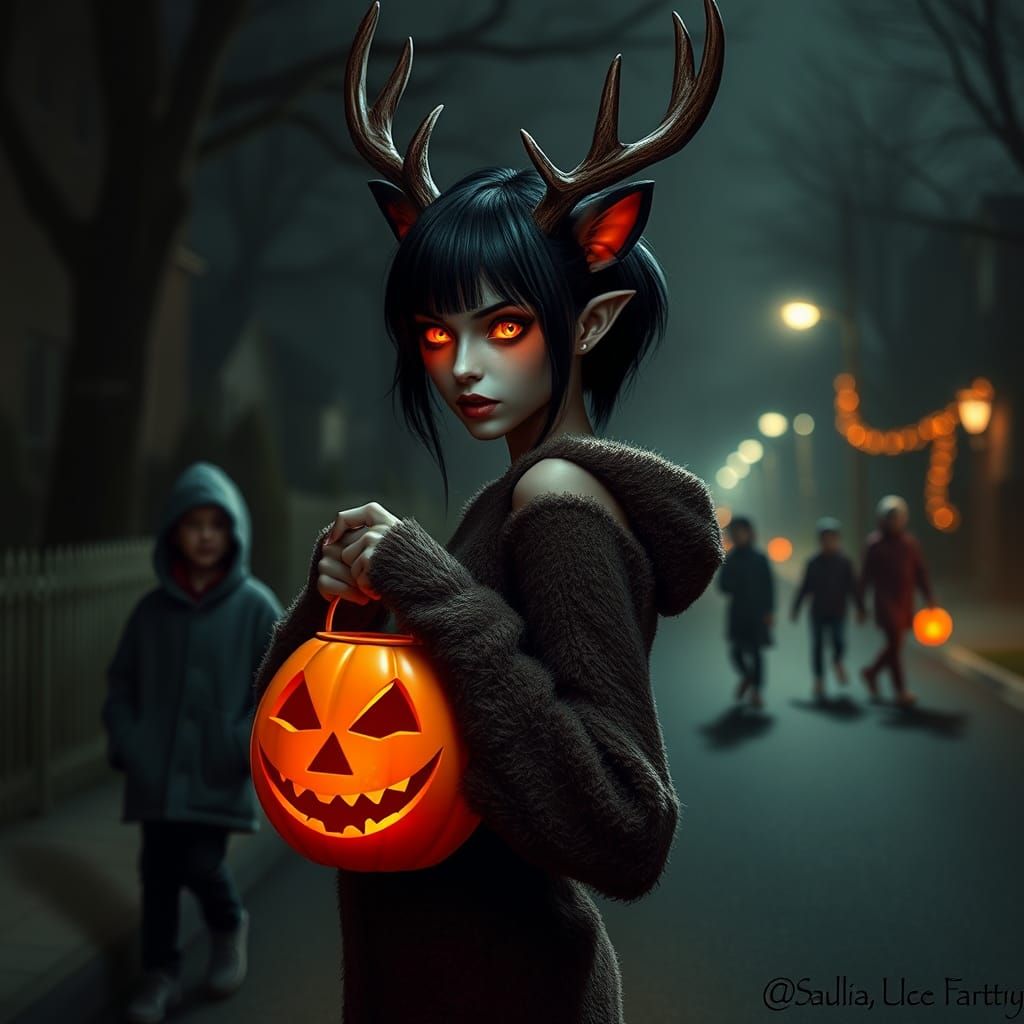 Teddy Bear Woman with Antlers Collects Halloween Candy