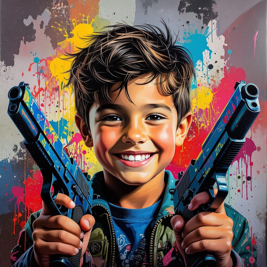 Boy with Guns in Graffiti Splash Art Style