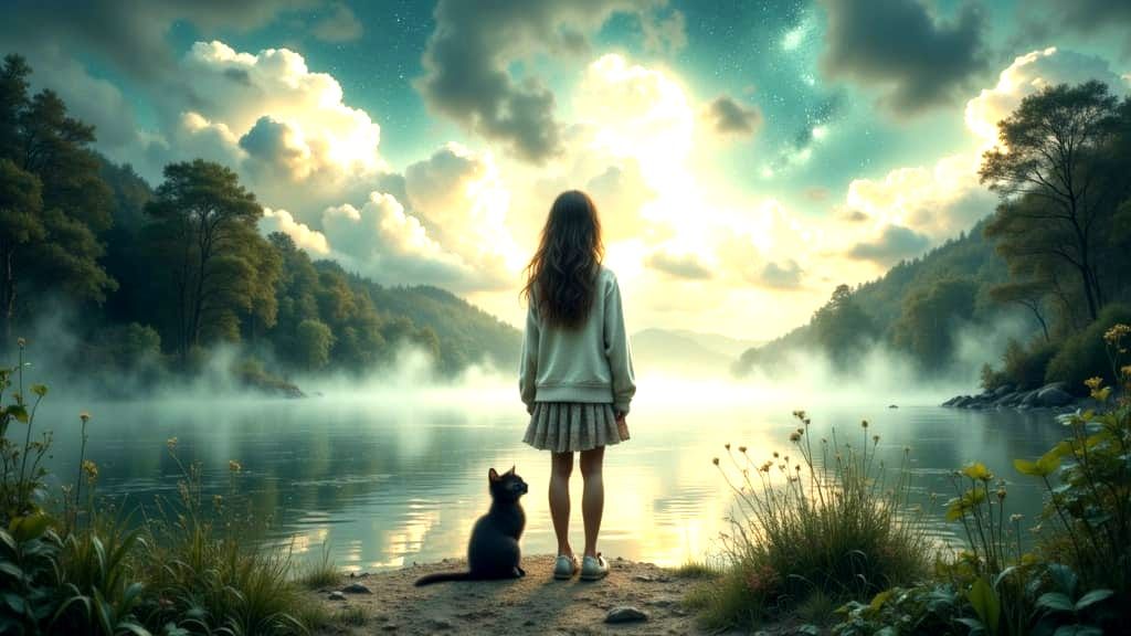 Girl and Kitten on Island in Cosmic Mist