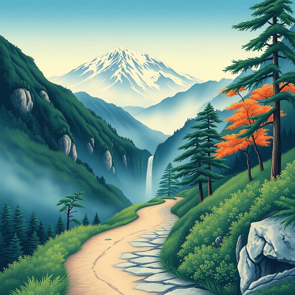 Serenely Winding Ukiyo-e Pathway Through Lush Greenery