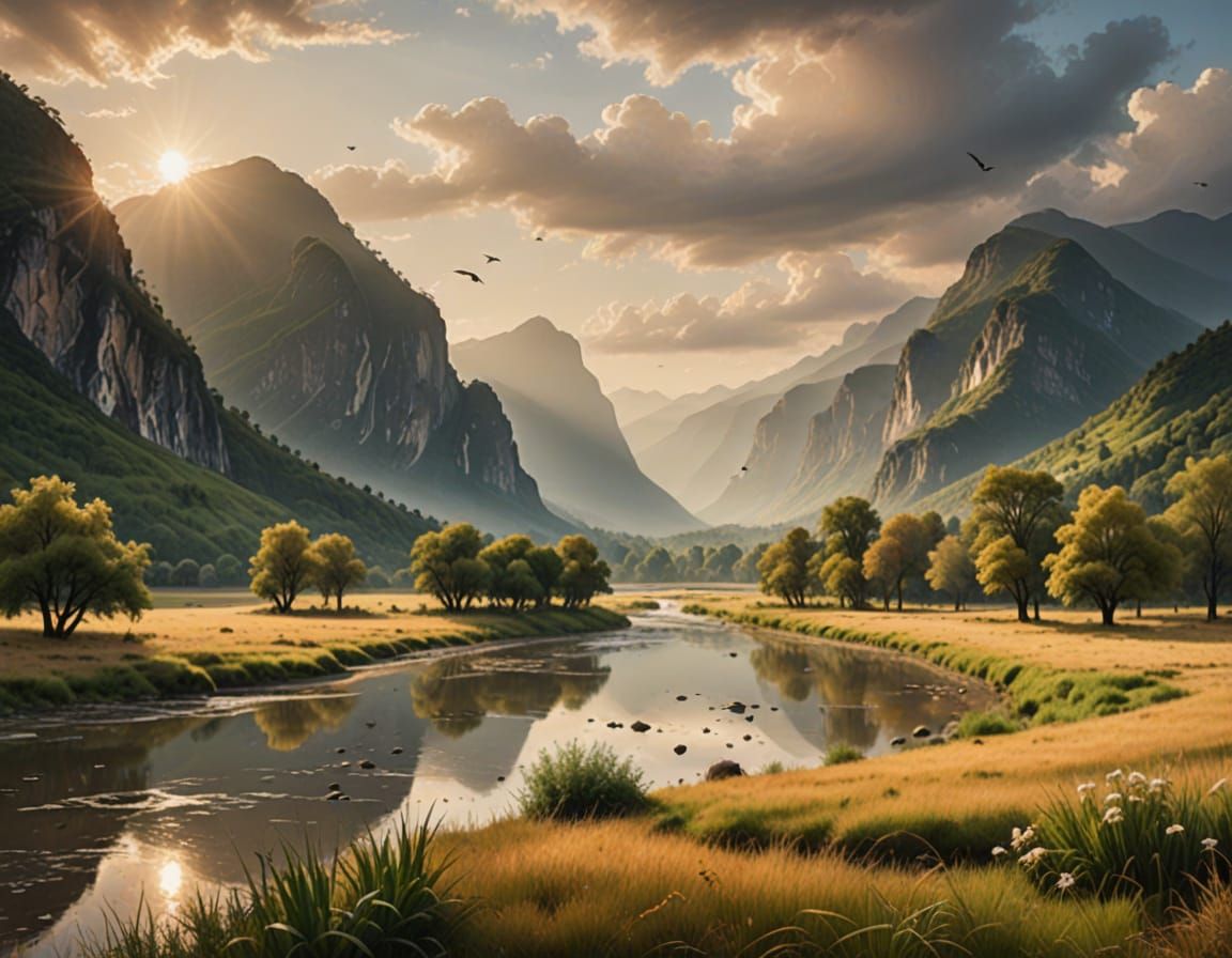 Serene Mountain Valley in Warm Golden Light