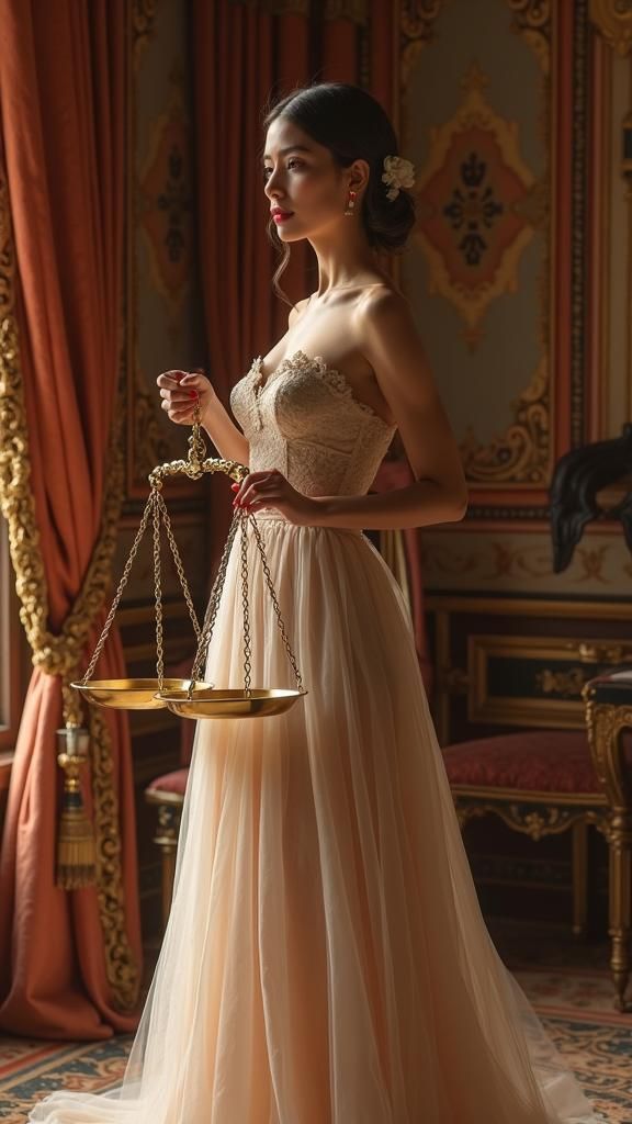 Elegant Woman with Scales in Baroque Setting