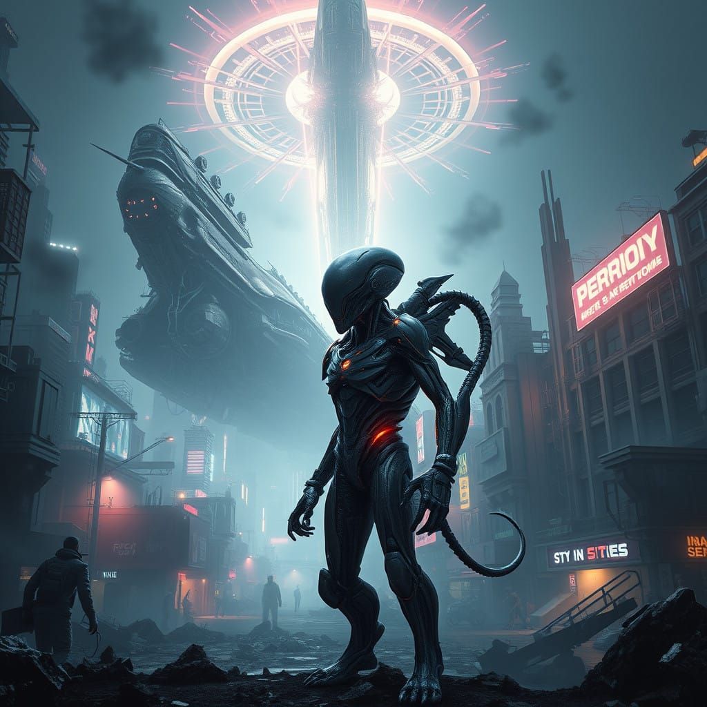 Cybernetic Alien Hero Dominates Futuristic Metropolis
