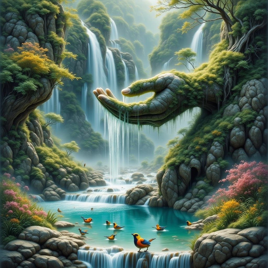 Mystical Stone Hand Waterfall with Rainbow Birds
