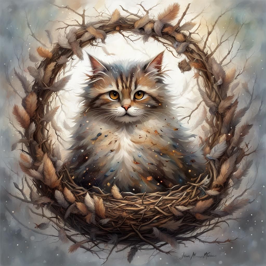 Fluffy Birdcat Dances in Winter Nest: Dark Fantasy Art