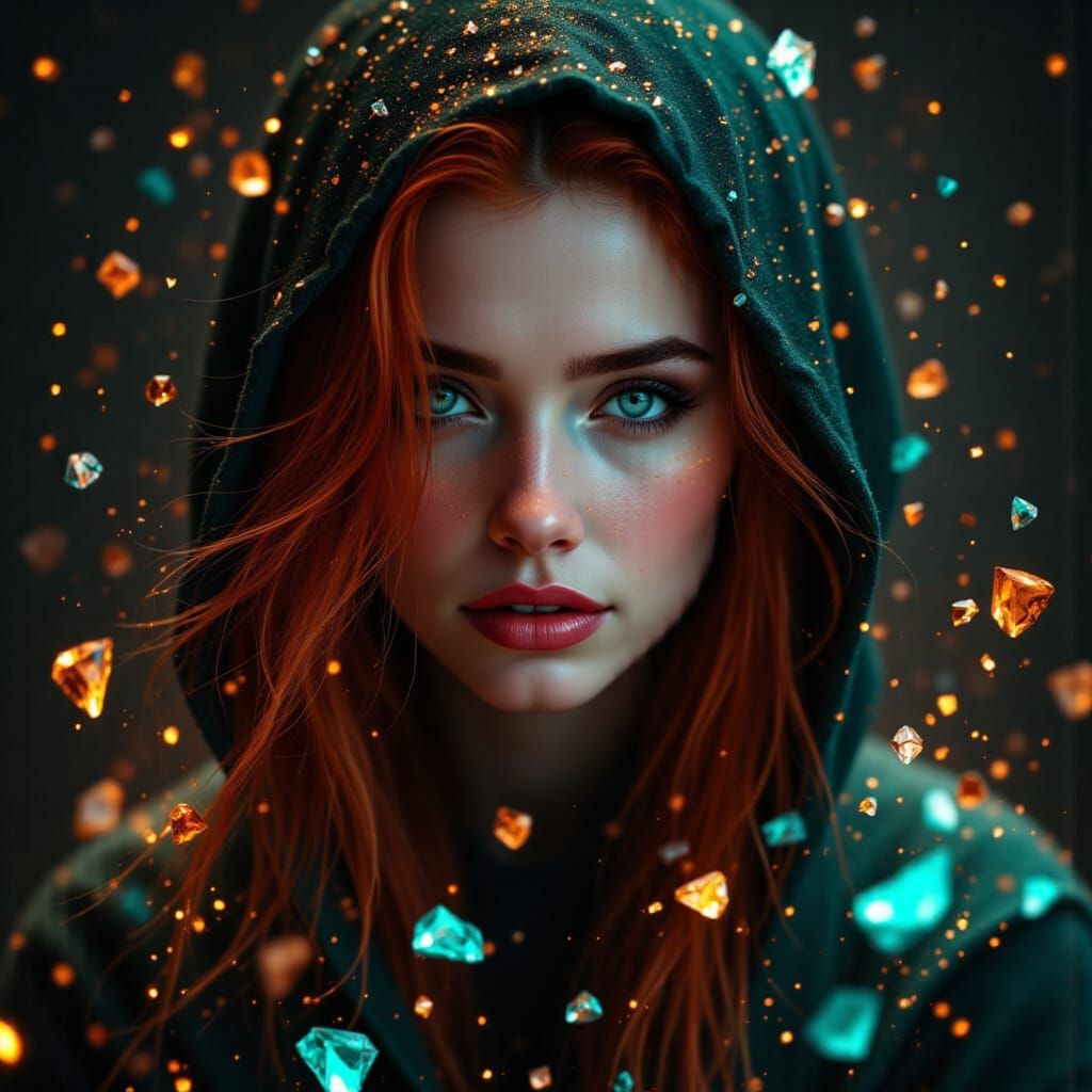 Red-Haired Woman Portrait with Floating Crystal Shards