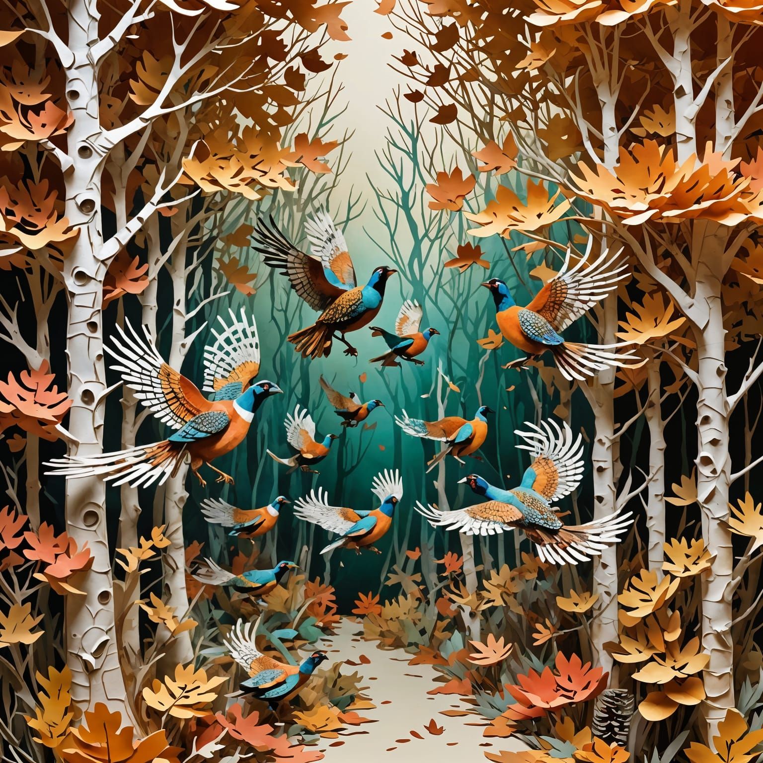 Colorful Kirigami Pheasants Flying in Autumn Forest