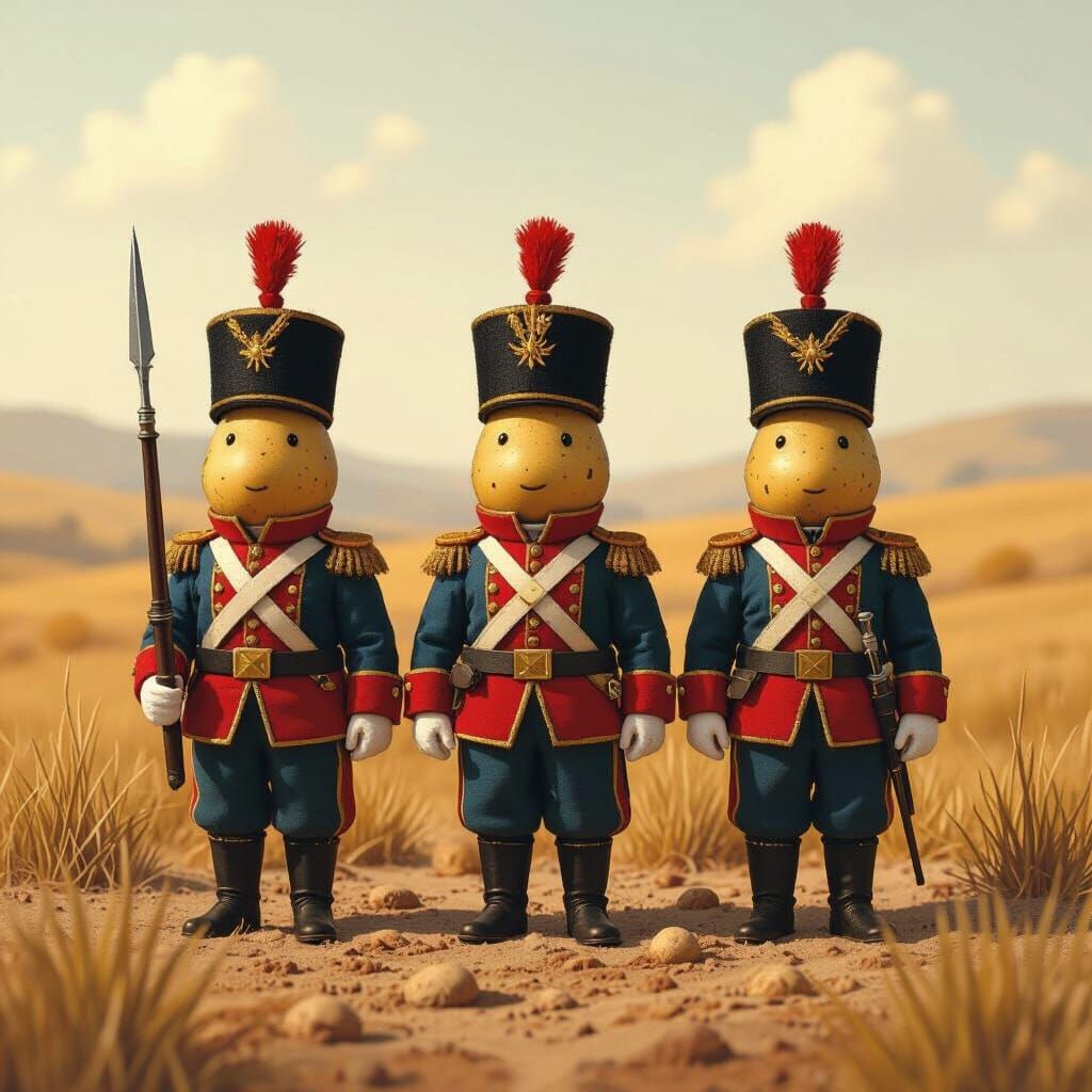 Potato Soldier Army in Rustic Folk Art Style