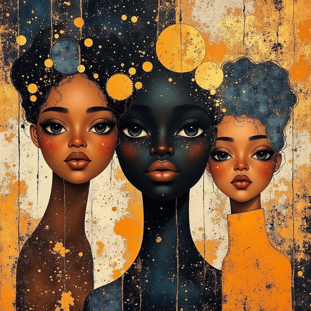 Bold Portrait of Black Women in Folk Art Style