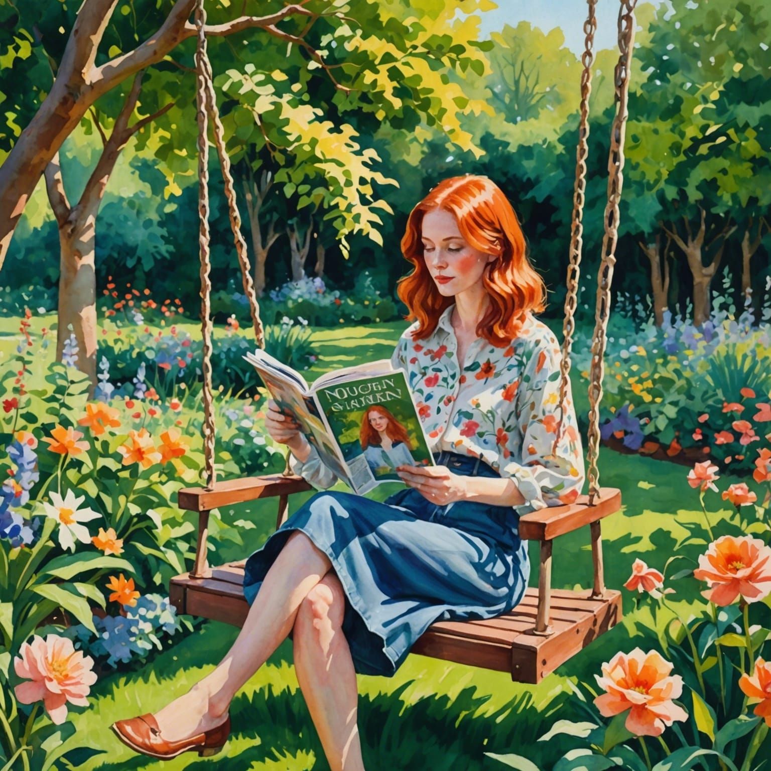 Reading a magazine in the garden