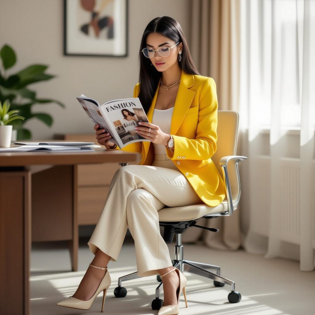 Young Woman in Yellow Jacket Reads Fashion Magazine